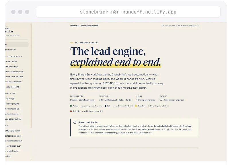 Stonebriar roofing lead automation build notes